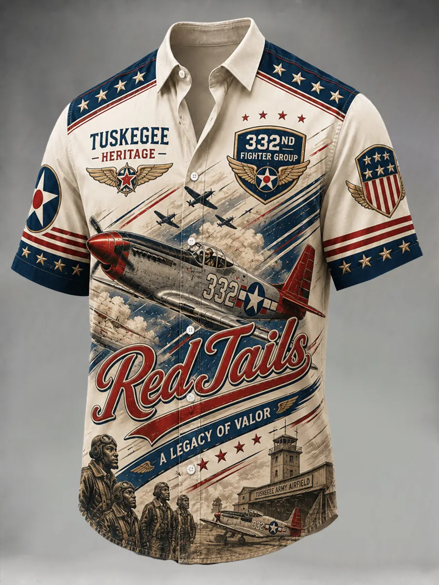 Men's Tuskegee Airmen Red Tails Fighter Plane Graphic Printed Shirt