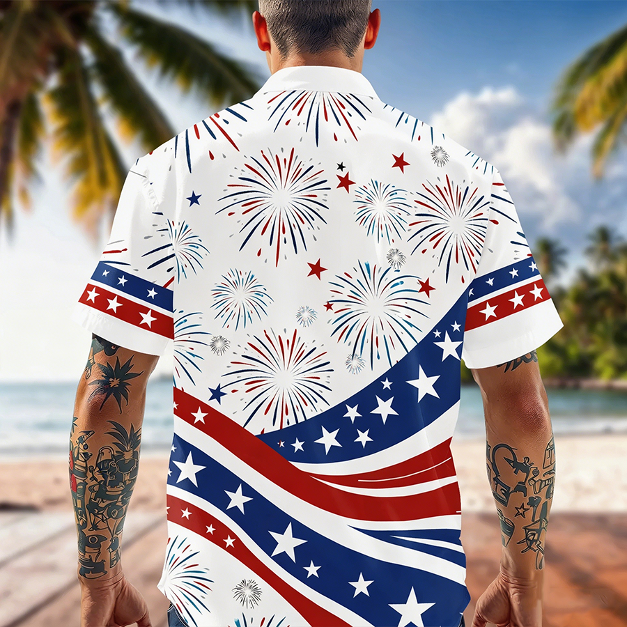 Men's 1776-2026 American Flag Firework USA Independence Day Beach Shirt