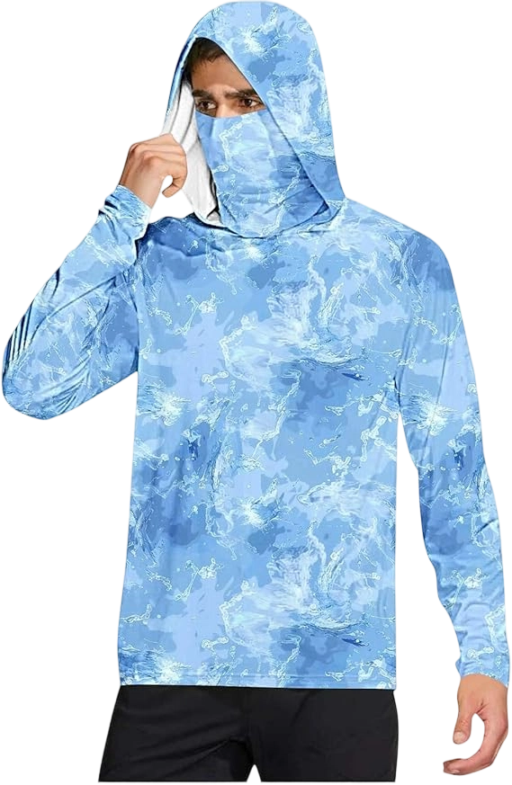 Long Sleeve Sun Shirt Men UPF 50+ Rash Guard Cooling Fishing Hoodies with Mask Casual Summer UV SPF Hiking Blouses