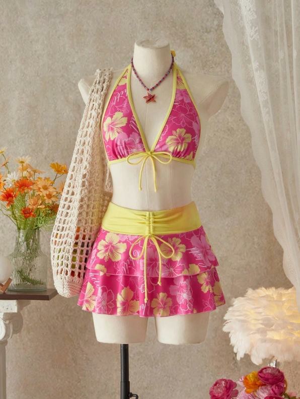 Women's Summer Beach Festival Print Halter Bikini Set