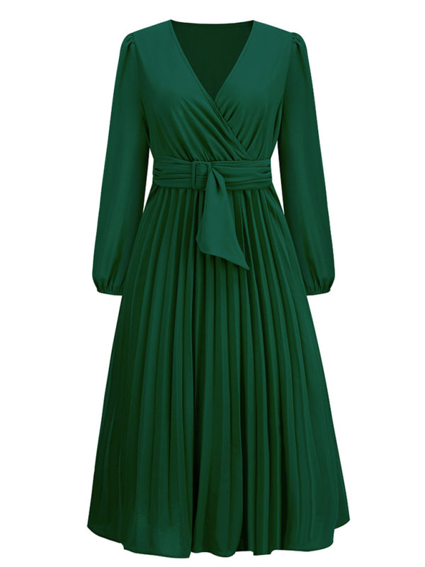 Long Sleeve Slim Pleated Belt V-Neck Dress A-Line Skirt