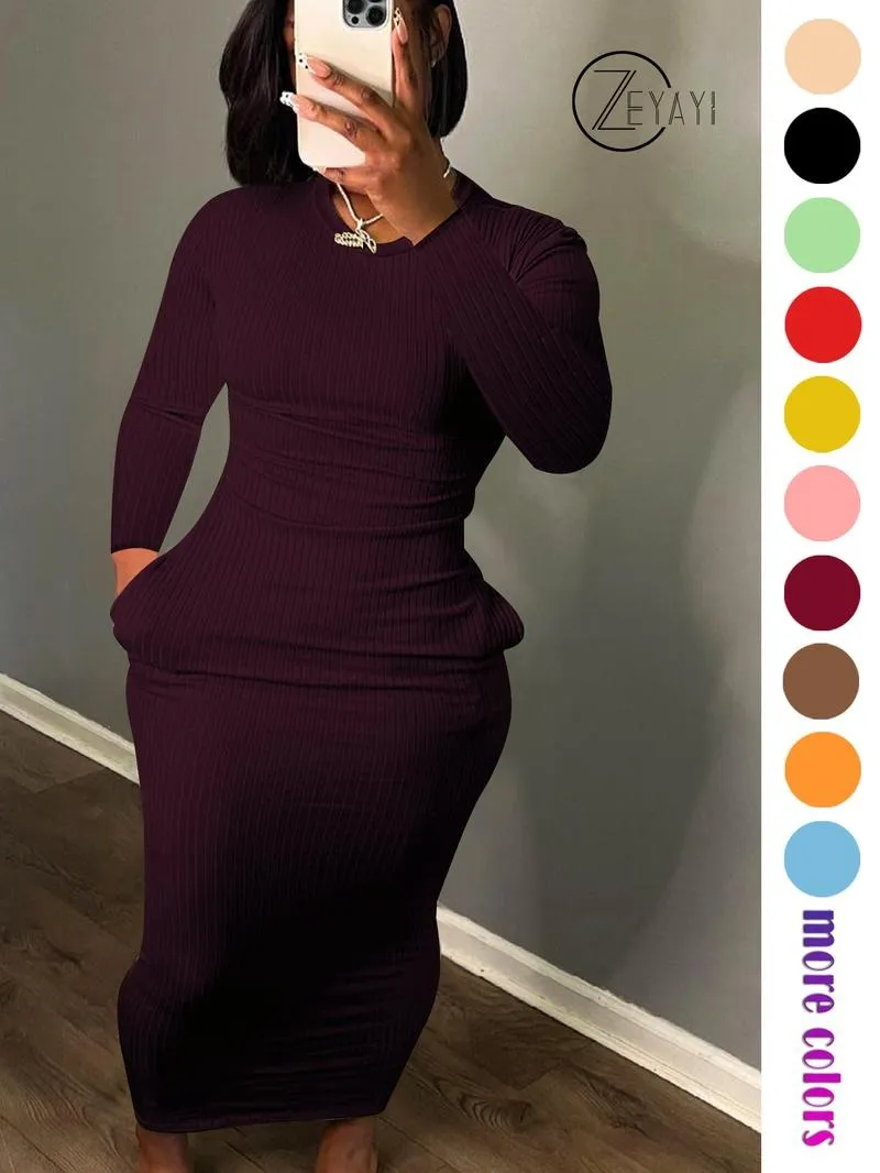 Women's Long Sleeve Pocket Dress, Breathable Elastic Multi-Color Party Casual Travel Pure Color Maxi Dress