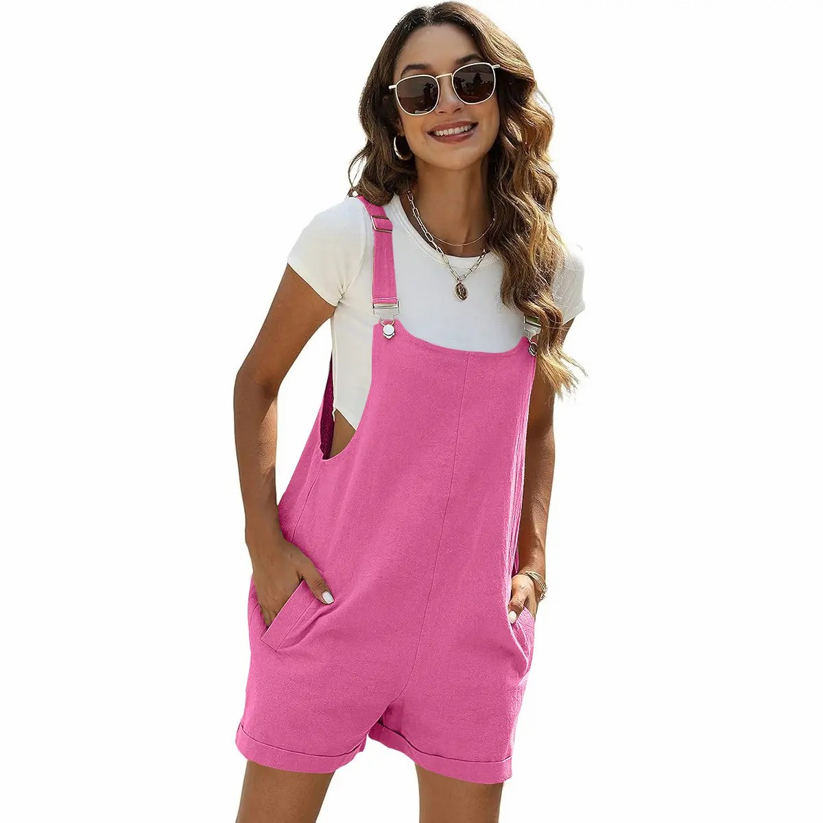 Women's Sleeveless Bib Shortalls – Cotton Linen Pinafore Overalls with Pockets & Adjustable Straps
