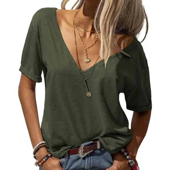 Women's Fashion Deep V-Neck Short Sleeve Tops Solid Casual Loose Basic T Shirt