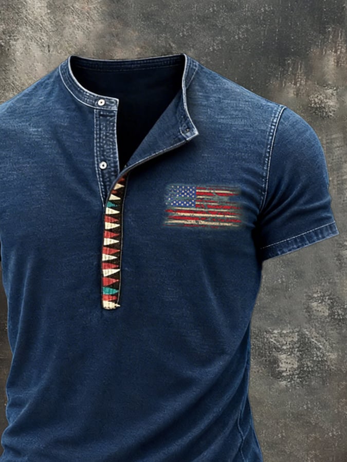 Men'S Retro Pure Cotton Washed Distressed Color-Blocked Henley Collar Short-Sleeve Top