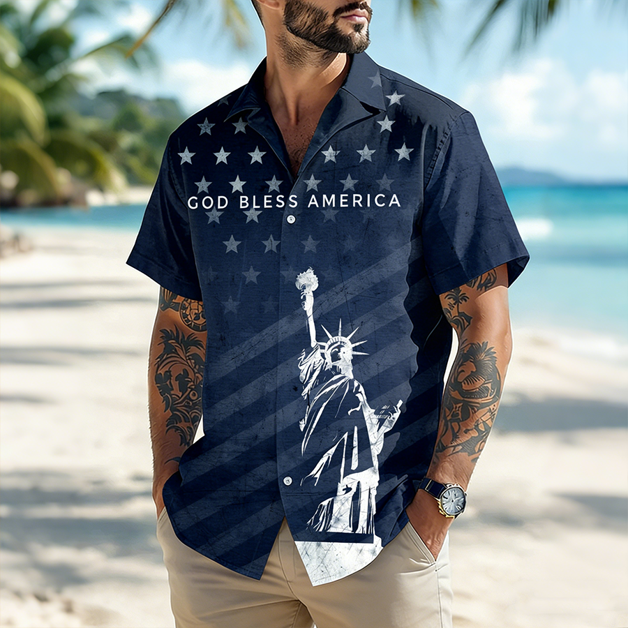 Men's God Bless America Statue Of Liberty Vintage USA Beach Shirt