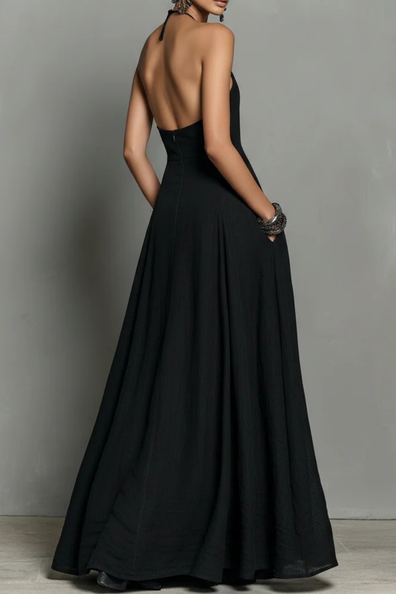 Women's Minimalist Linen Blend Halter Neck Sleeveless Maxi Dress