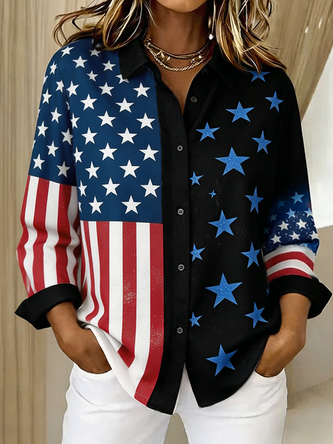 Women's Patriotic American Flag Decal Button Up Shirt