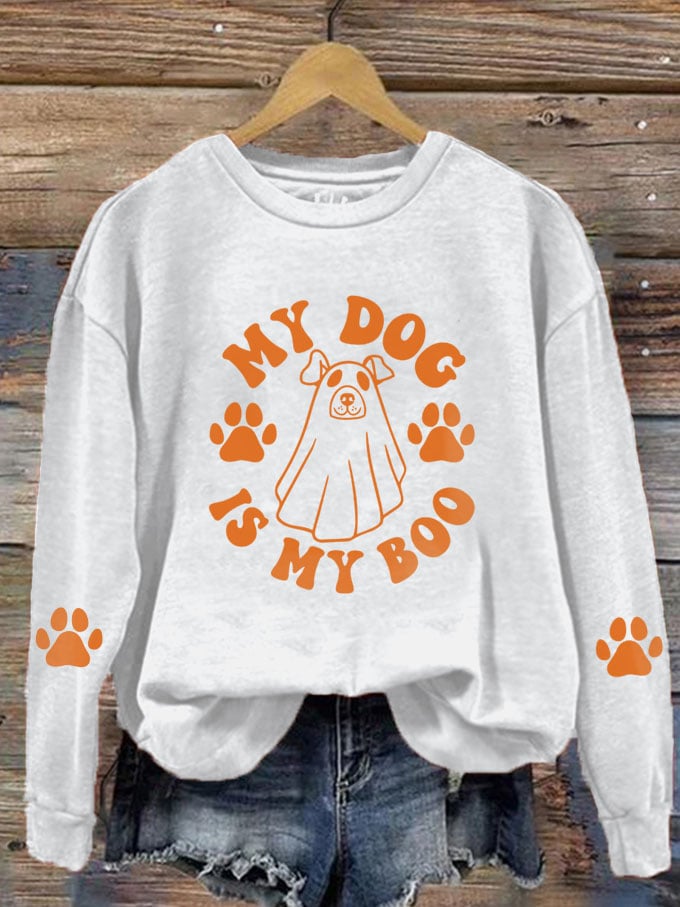 Women's My Dog Is My Boo Halloween Dog Print Crew Neck Sweatshirt