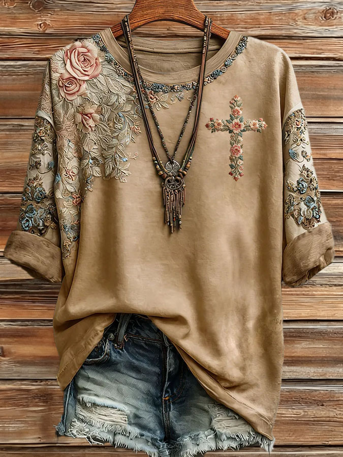 Women'S Casual Retro Western Faith Printed Short Sleeved T-Shirt