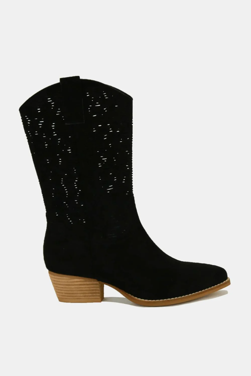 Faux Suede Laser Cut Detail Block Heel Boots in Black