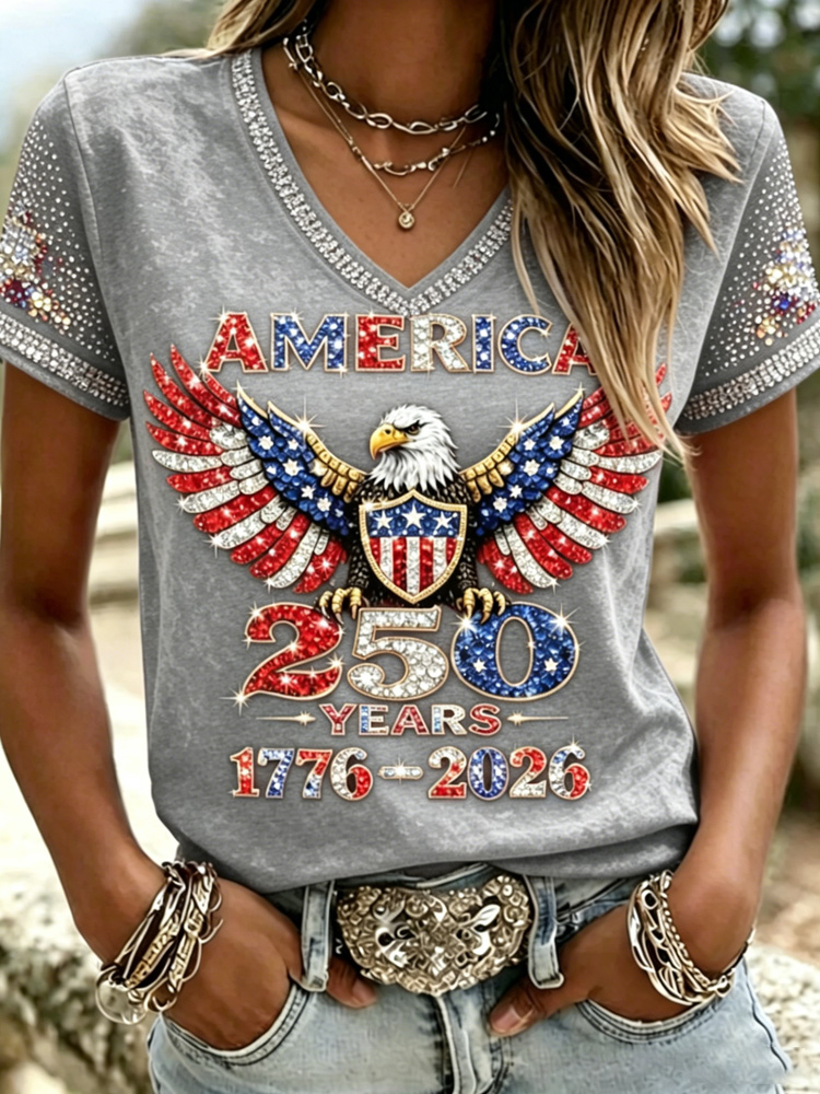 American 250th Anniversary Rhinestone Design Women's V Neck T-Shirt