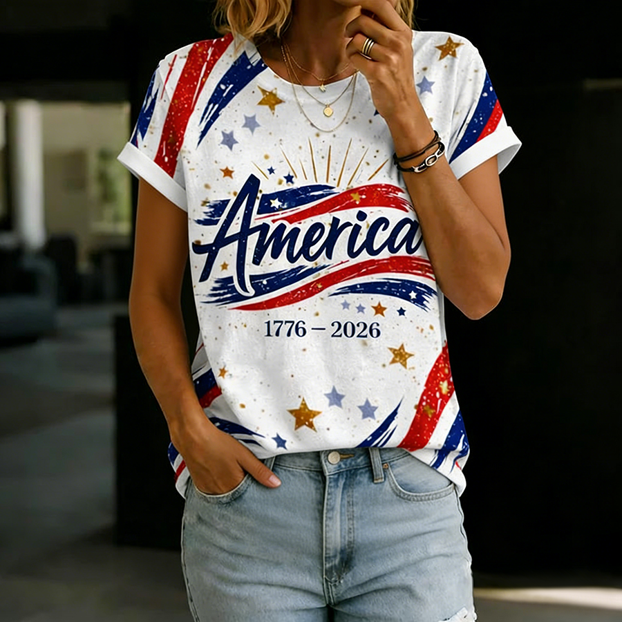 Ladies' Casual US National Day Flag Gradient Print Short Sleeved Round Neck T-Shirt