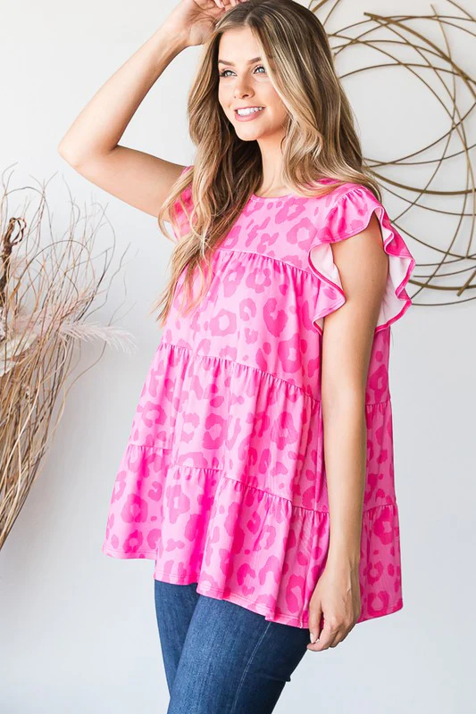 Tiered Leopard Round Neck Blouse with Ruffled Detail