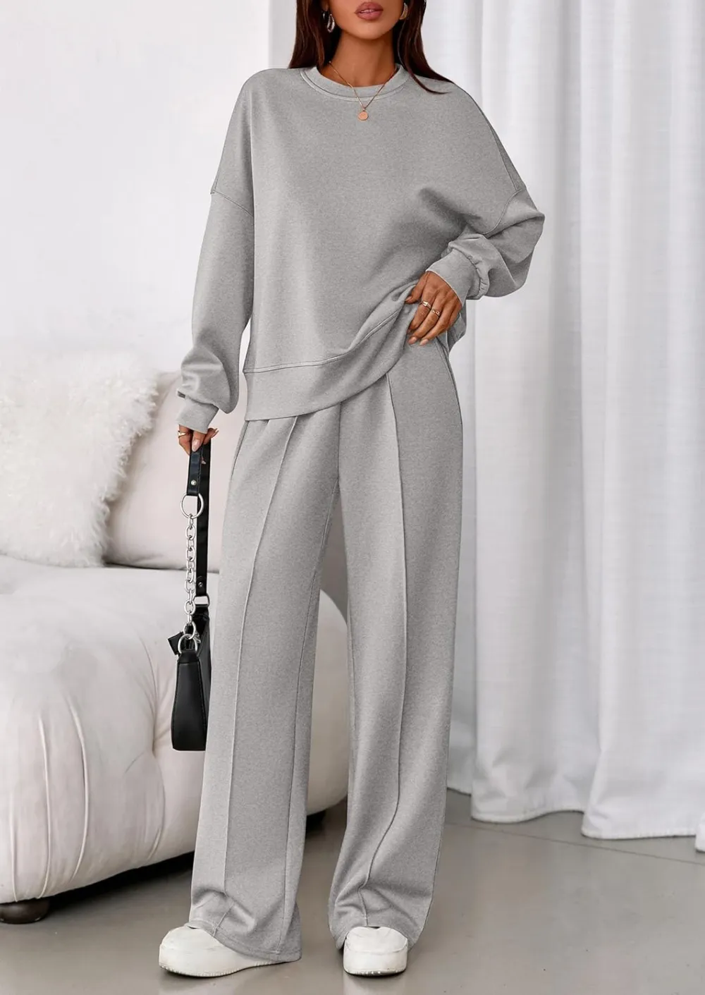 2 Piece Sets For Women Fall Trendy Long Sleeve Sweatshirt Wide Leg Pants Loungewear