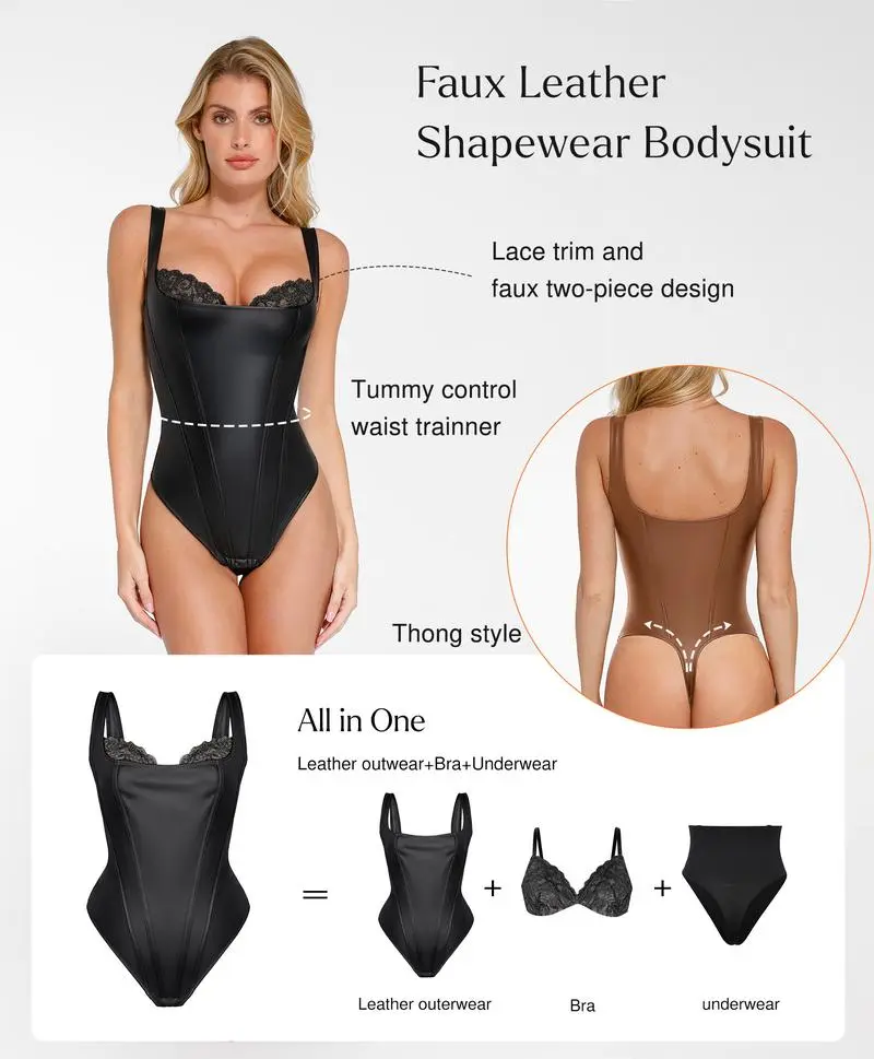Leather Corset Top bodysuit Lace Trim Shapewear Tummy Control Bustier