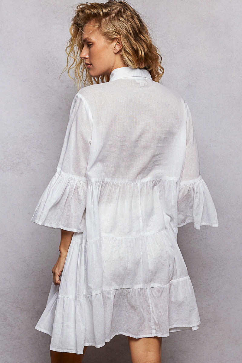 Floral Sequin Embroidered Mini Tiered Shirt Dress
