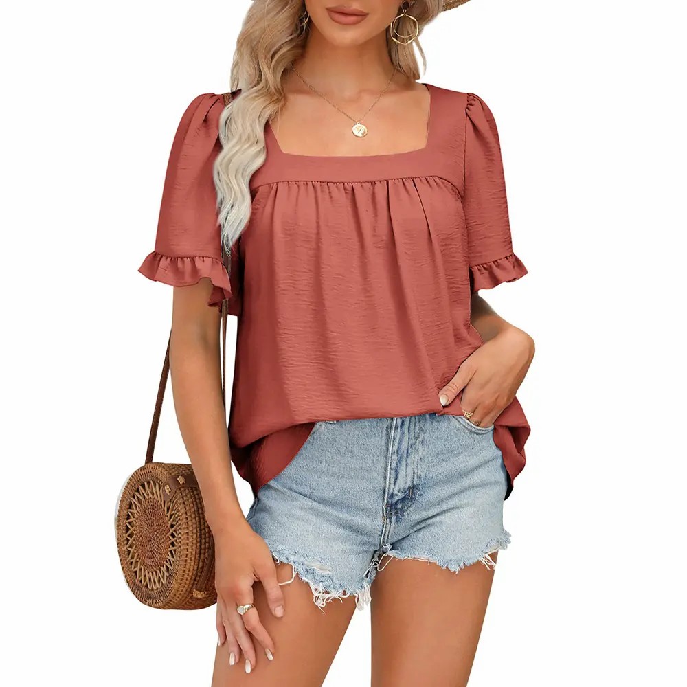 Women's Square Neck Peplum Blouse – Whimsical Ruffle Sleeve Cottagecore Top