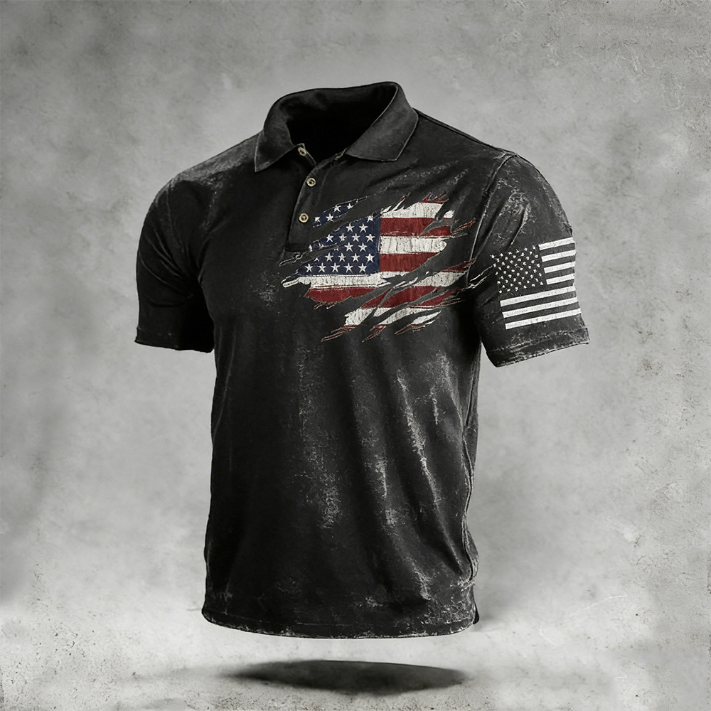 Men's Retro Independence Day Flag Printed Short sleeved Polo Shirt