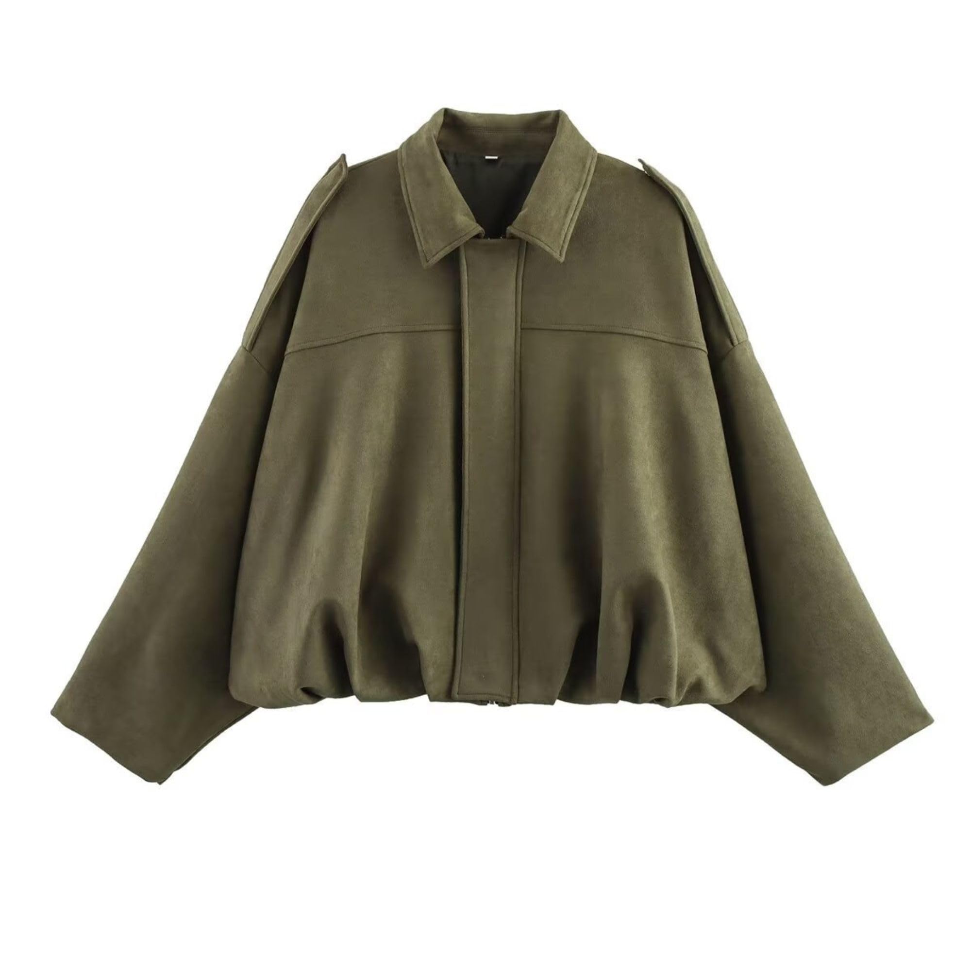 Xunger Women's Faux Suede Bomber Jacket Spring Lapel Pilot Coat Casual Oversized Long Sleeves Trendy Streetwear Outerwear
