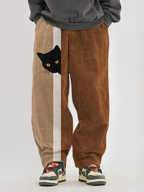 Men's Fun Hide And Seek Black Cat Print Casual Pants