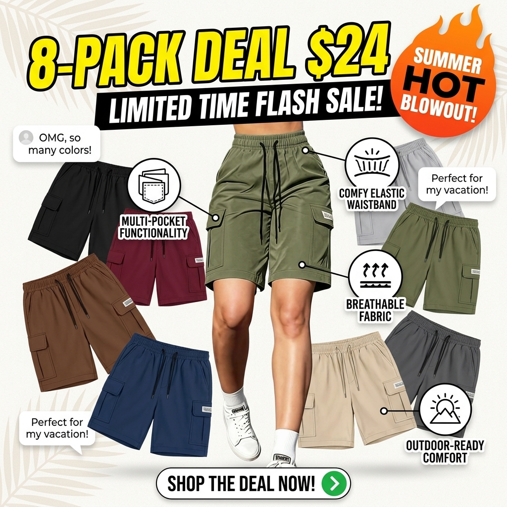 Women’s 8-Pack Cargo Shorts – Elastic Waist, Drawstring & Pockets