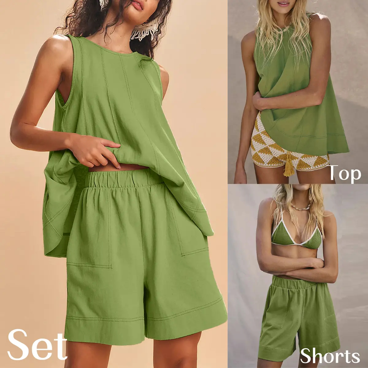 Women's Cotton Two Piece Outfit - A-Line Tank & High-Waist Shorts
