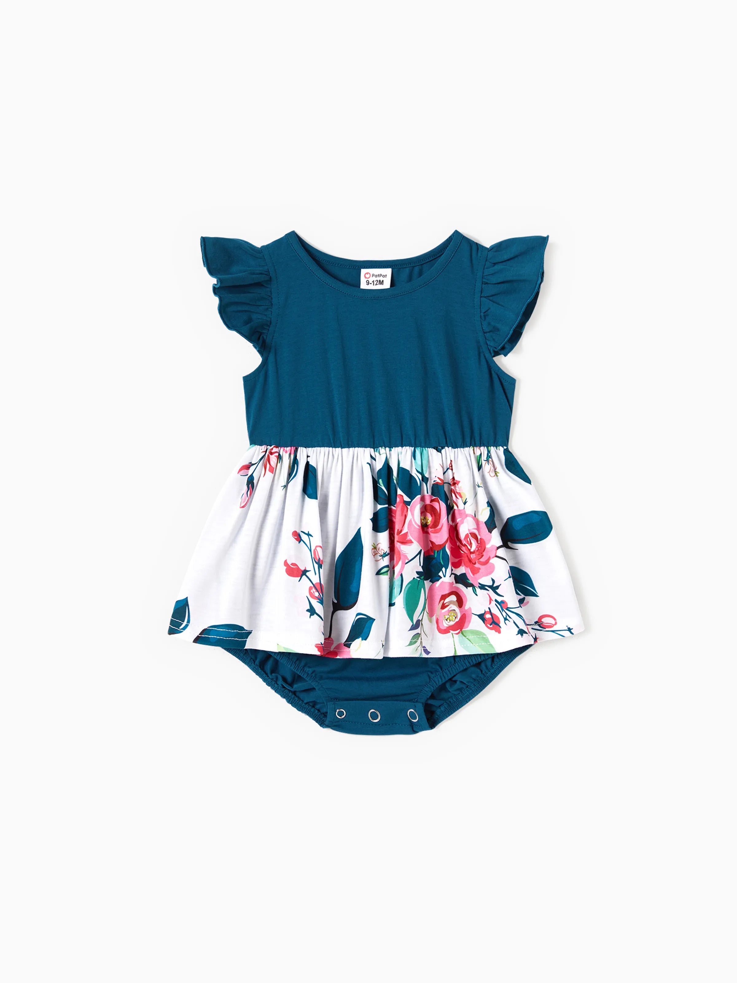 Family Matching Solid V Neck Flutter-sleeve Splicing Floral Print Dresses and Short-sleeve Colorblock T-shirts Sets Azure-