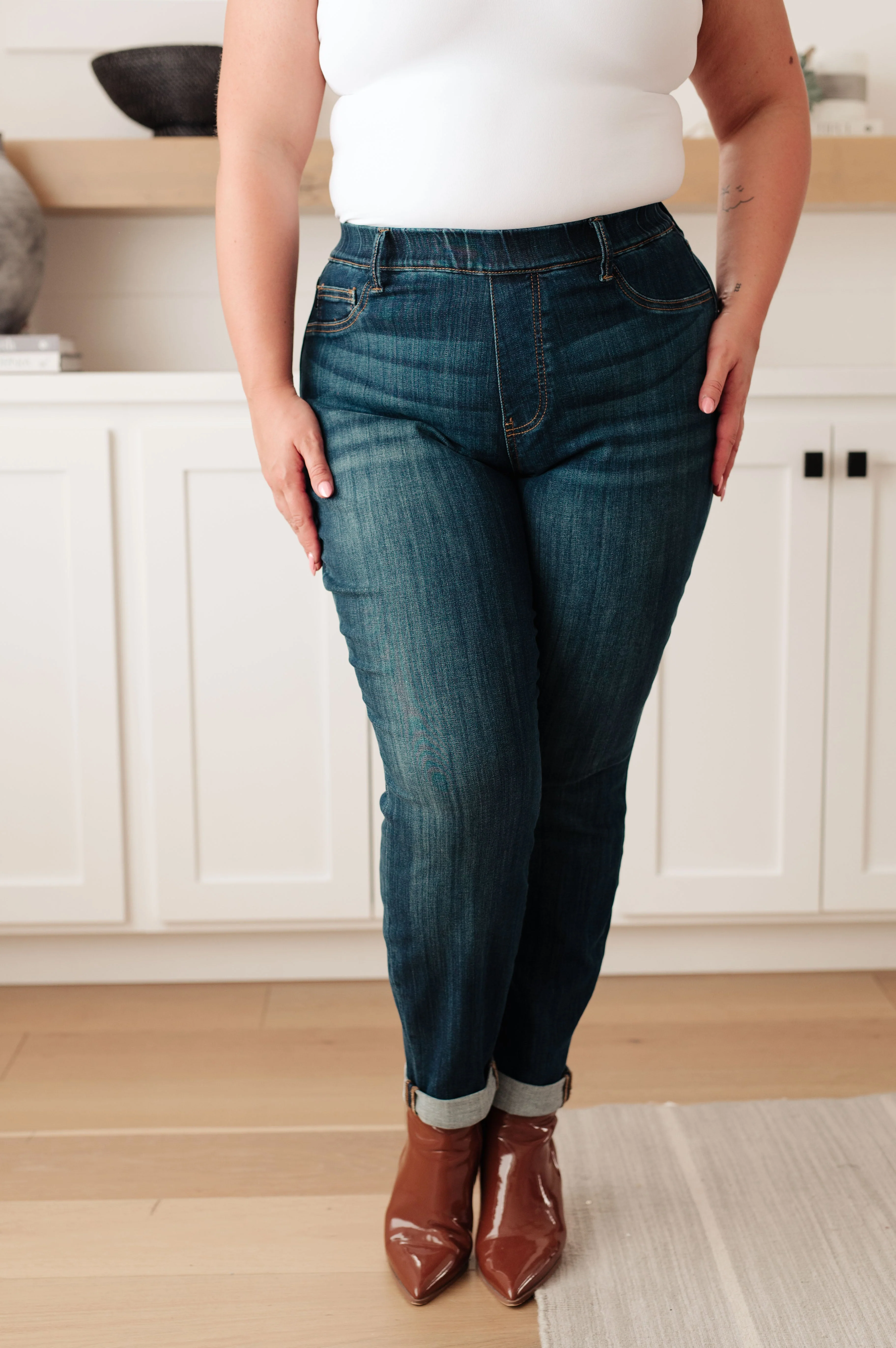 Blue Rowena High Rise Pull On Double Cuff Slim Jeans