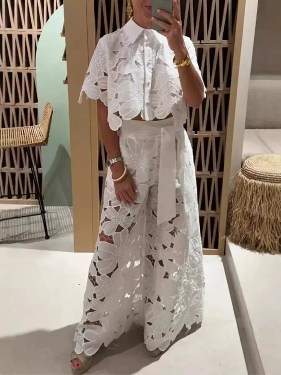 Women's 2026 New Retro Lace Outfit Set Short Sleeved Blouse Tops & Tie-up Pants Two-Piece Embroidery Hollow Temperament Suit for Casual & Special Occasions