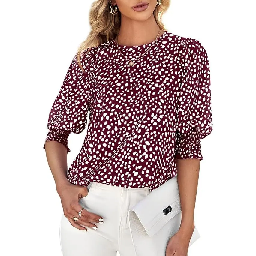 Women's Polka Dot 3/4 Sleeve Blouse Tops Ladies Casual Office Work Crew Neck T-Shirt