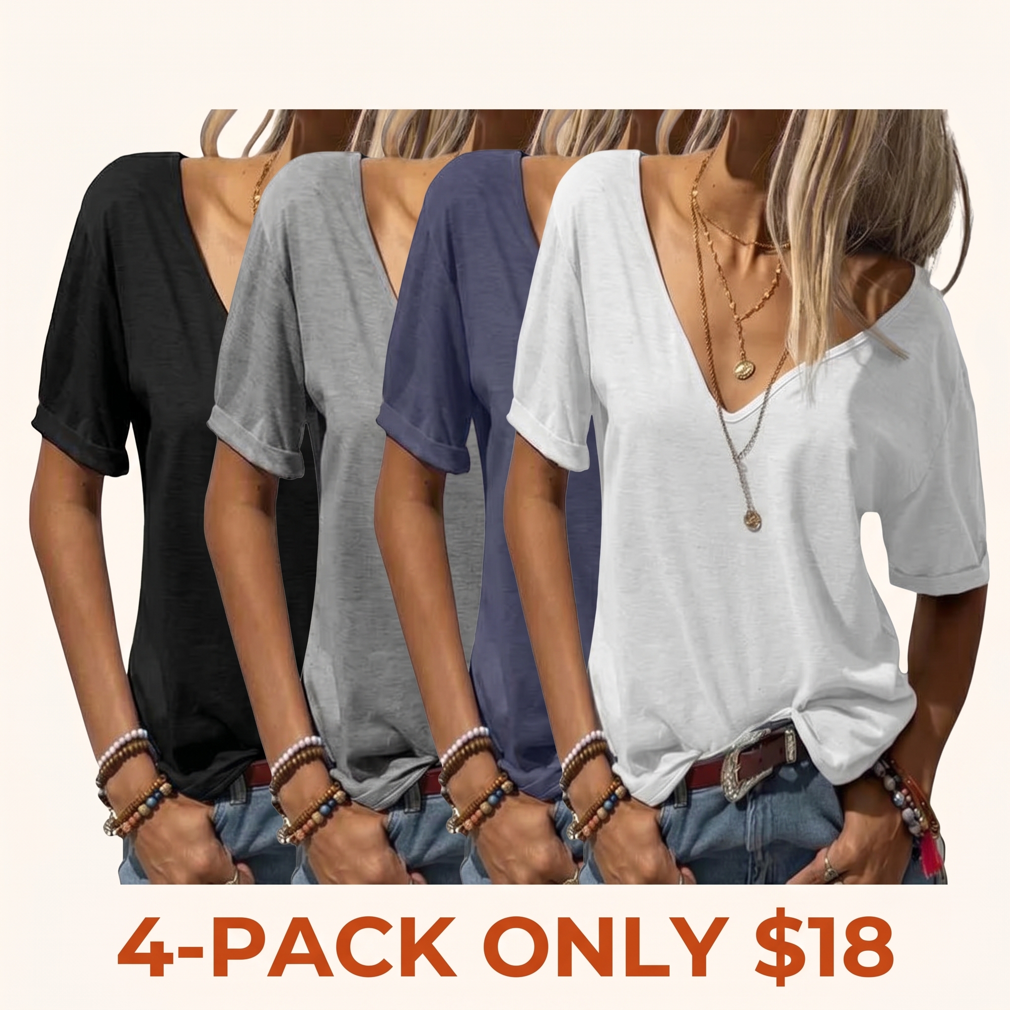 Women's Fashion Deep V-Neck Short Sleeve Tops Solid Casual Loose Basic T Shirt