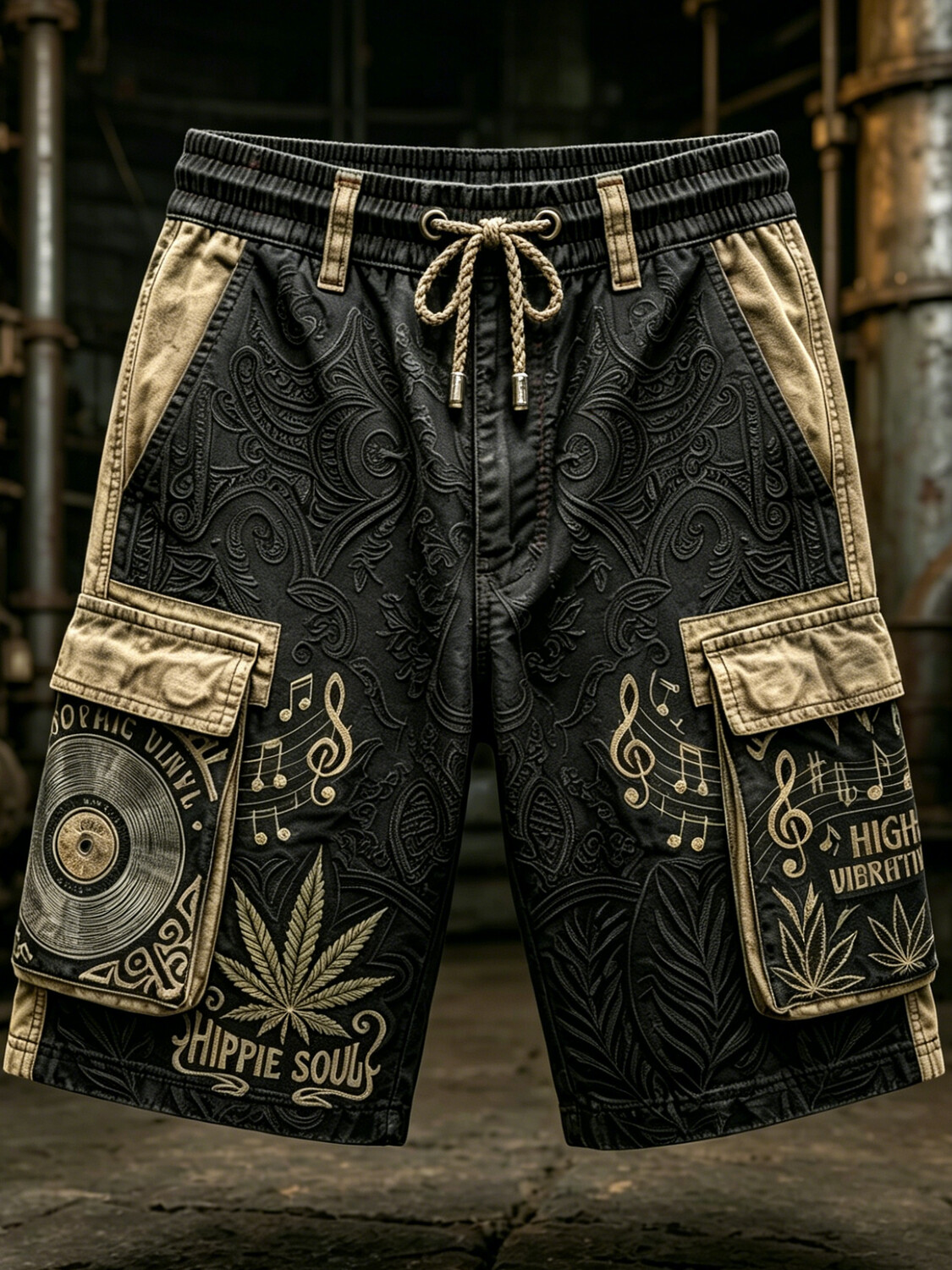 Men's Hippie Soul Music & Cannabis Print Drawstring Waist Shorts