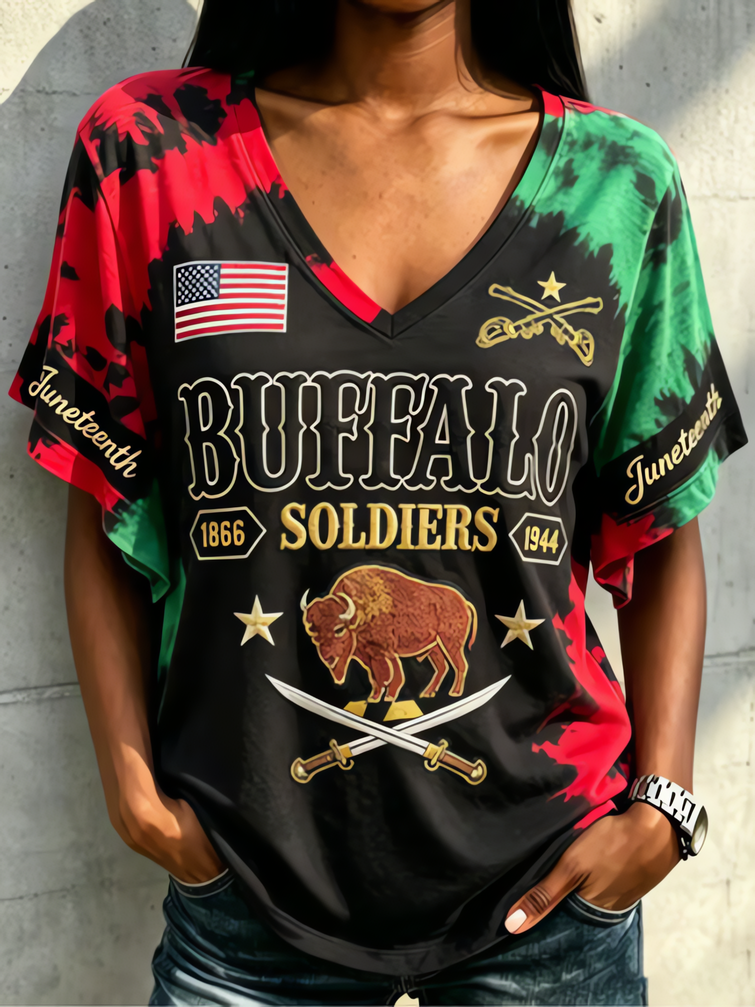 Women's Buffalo Soldiers Tie-Dye Art Print Casual V Neck T-Shirt
