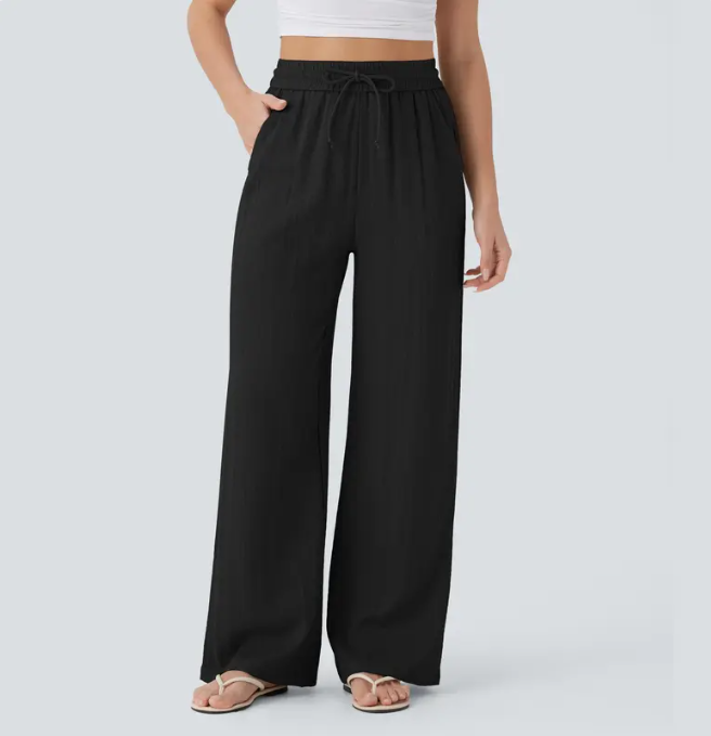 High Waisted Drawstring Pocket Wide Leg Baggy Casual Linen-Feel Pants