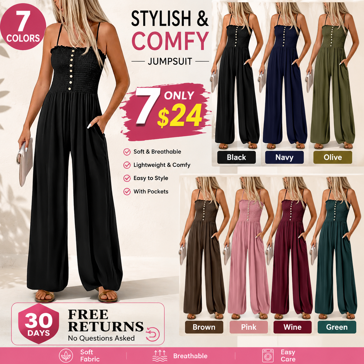 Jumpsuits for Women Summer Sleeveless Smocked Button Wide Leg Rompers