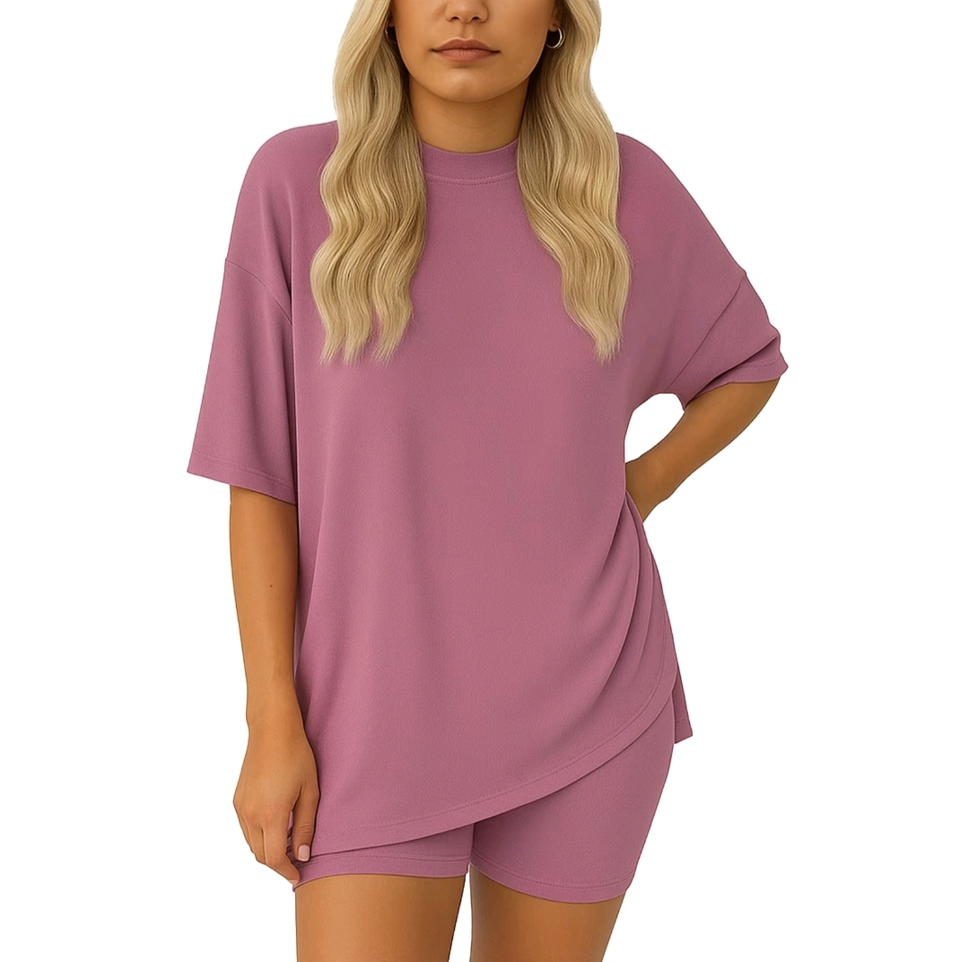 Women's Casual Wear, Summer, 2-Piece Suit, Pajamas, Casual Loose, Short-SleevedShorts, Airport Travel Wear, Hem Slits, HomeWear