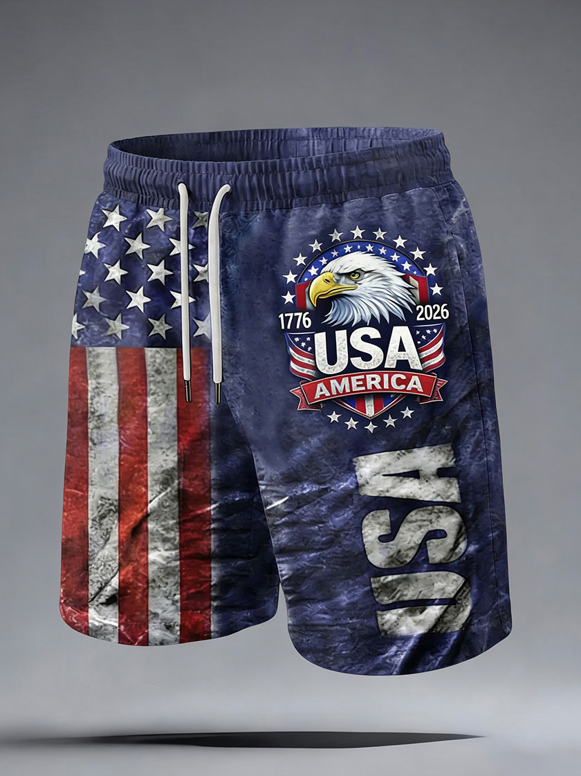 Men's Eagle USA Flag Stars Stripes Print Casual Shorts