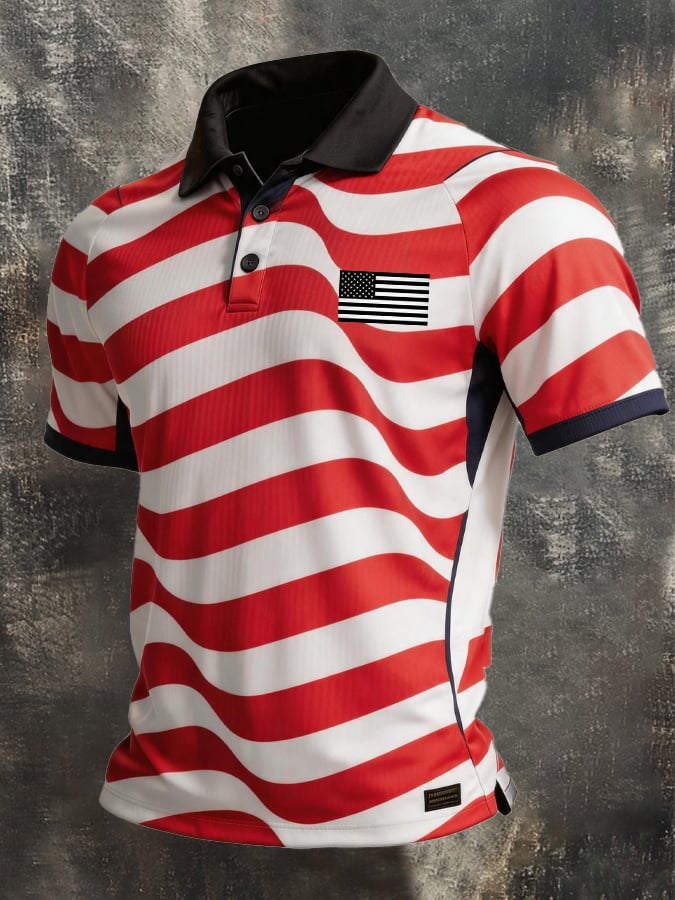 Men's Retro Patriotic Color-Block Short-Sleeve Polo Shirt