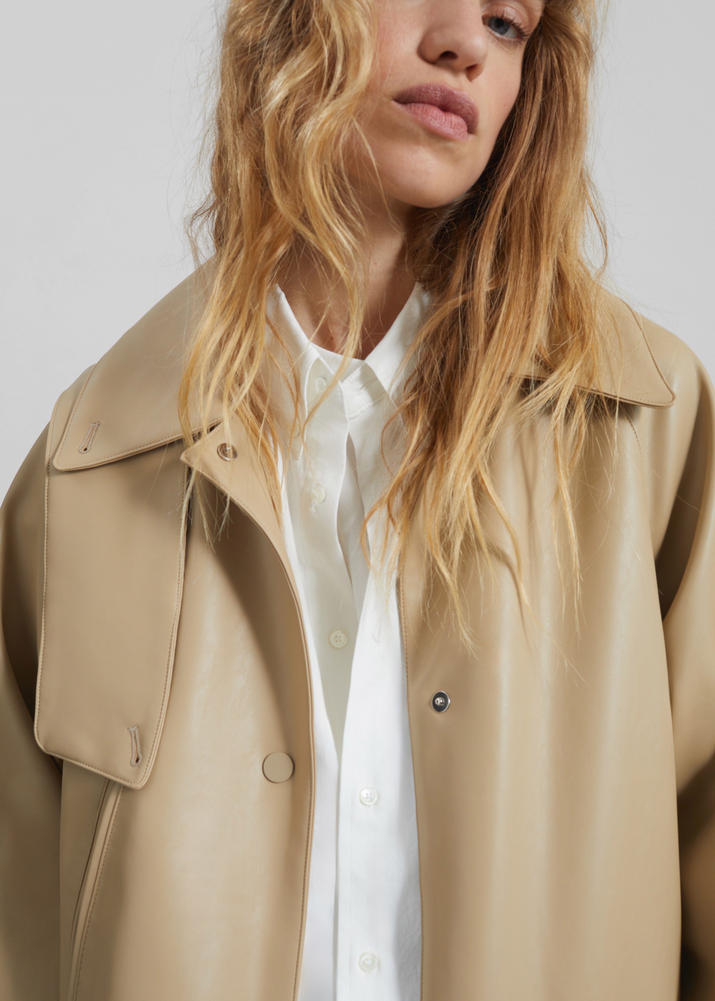 Viran Faux Leather Belted Jacket - Beige