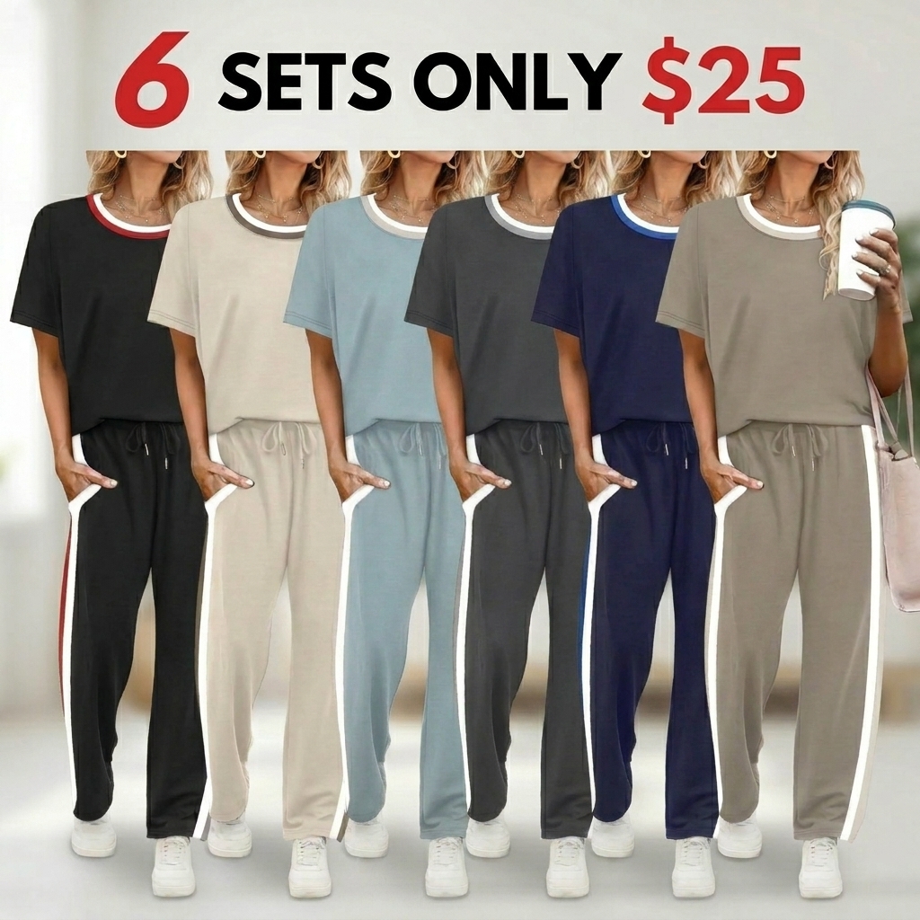 2 Piece Lounge Sets for Women Matching Set Summer Outfits Short Sleeve Tops Wide Leg Pants with Pockets