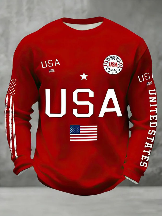 Men'S Retro Waffle American Flag Commemorative 250Th Anniversary Printed Long Sleeve Round Neck Sweatshirt