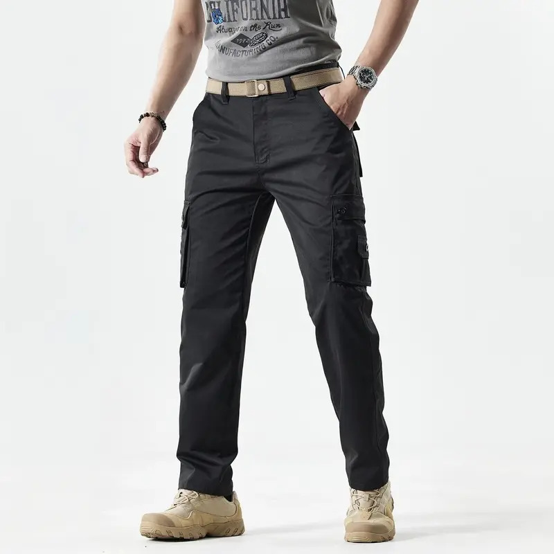 Men's Slim-Fit Solid-Color Straight-Leg Cargo Khakis—Multi-Pocket Trousers for Casual Daily Wear