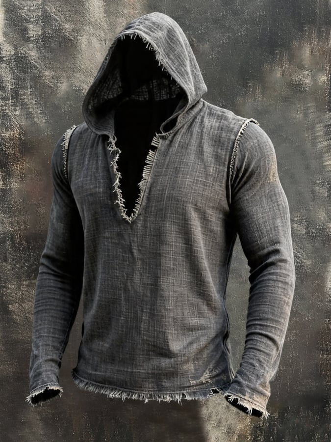 Men'S Vintage Cotton-Linen Long-Sleeve Hoodie With Frayed Edges