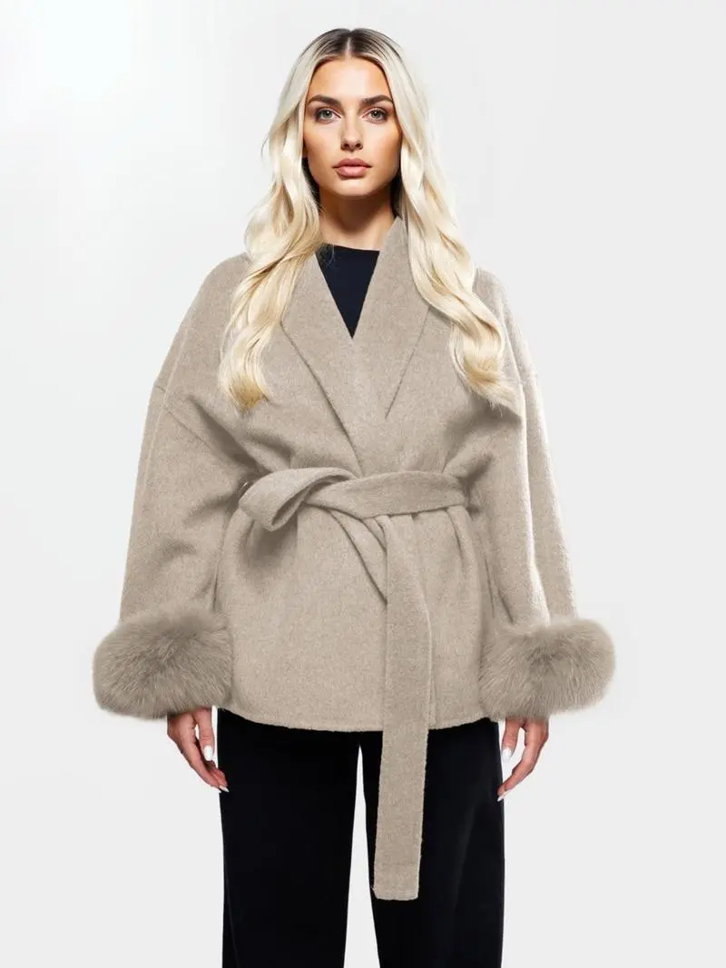 Women's Elegant Solid Color Waist Tie Plush Long Sleeve Thermal Wrap Coat