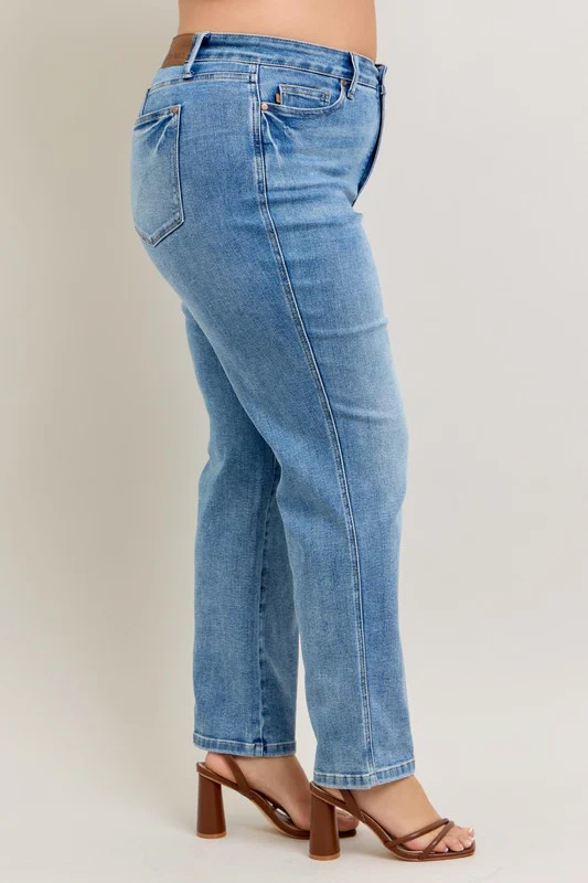 Blue Full Size Tummy Control Vintage Wash Straight Jeans Plus Size