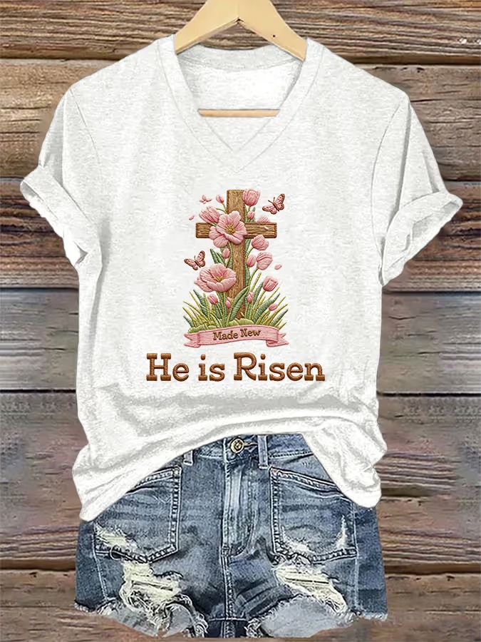 Women's He Is Risen Print V Neck T-shirt
