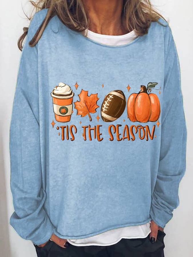 Women's TIS THE SEASON football latte leaves Pumpkin Fall T-Shirt