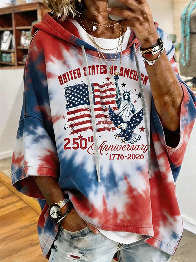Women's 250th Anniversary American Flag Statue of Liberty Tie Dye Hooded