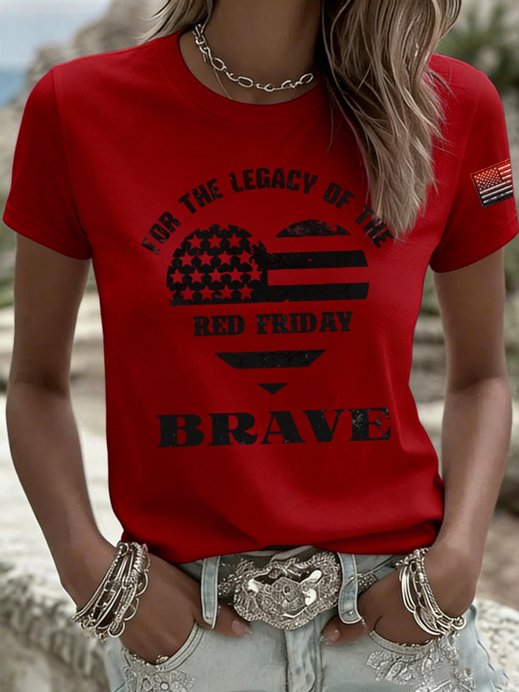 Women's Red Friday Print Casual Crew Neck Top